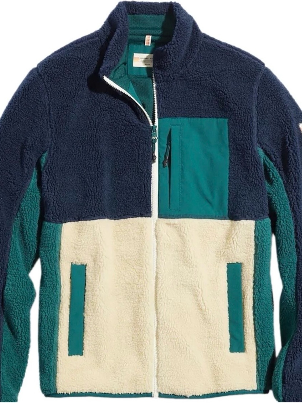 Marine Layer Men's Colorblock Sherpa Fleece Jacket - Navy, Teal & Cream